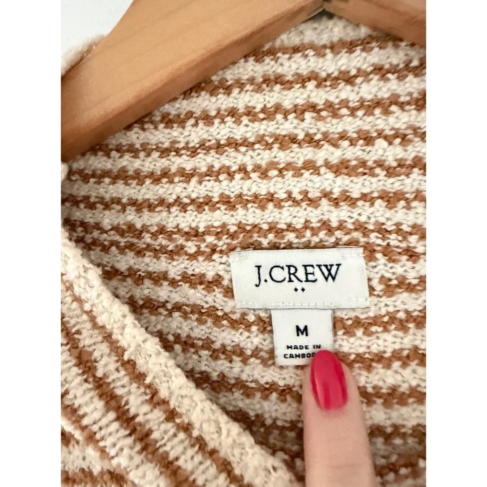 J. Crew Womens Mockneck Terry Cloth Striped Neutral Sweater Cozy Casual Coastal